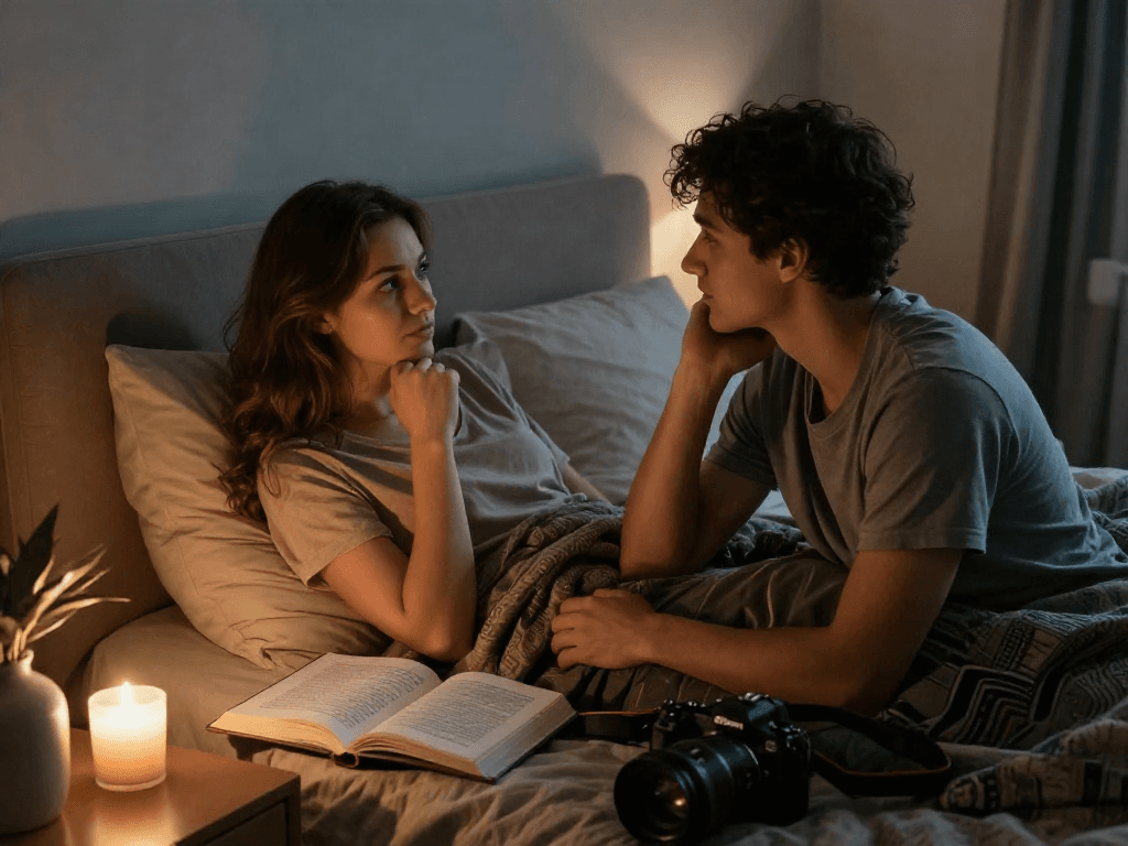 Couple discussing desires in intimate setting, exploring sex ai concepts.