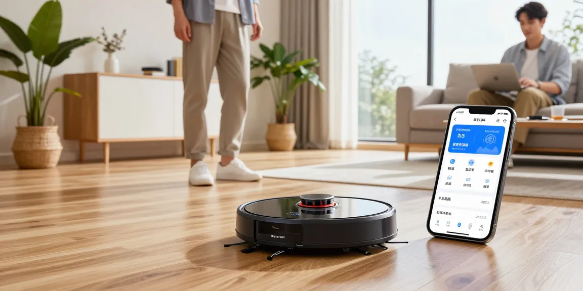 Roborock 2026 vacuum in a modern living room, showcasing smart home technology in action.