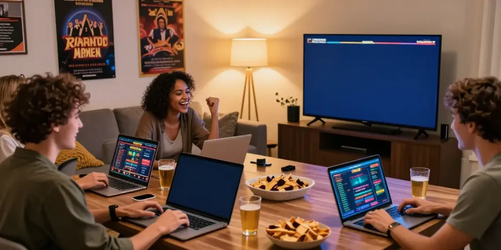 Friends enjoying gaming night with non gamstop casinos on screens