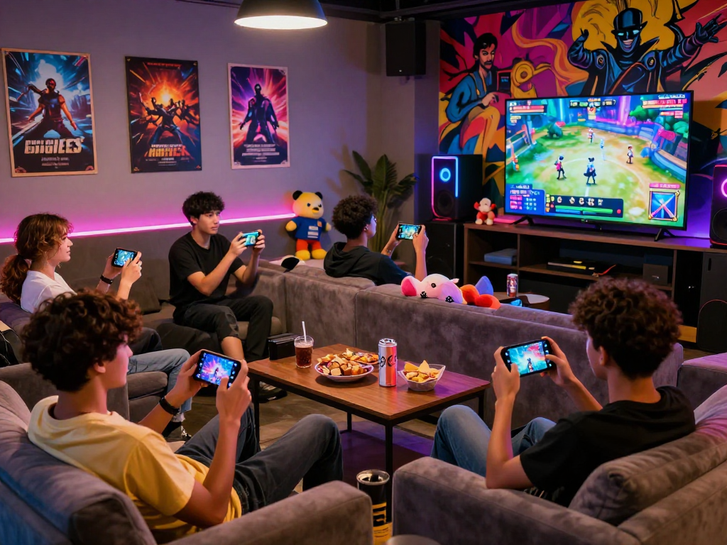 Engaged players enjoying mobile porn games in a vibrant gaming lounge atmosphere.
