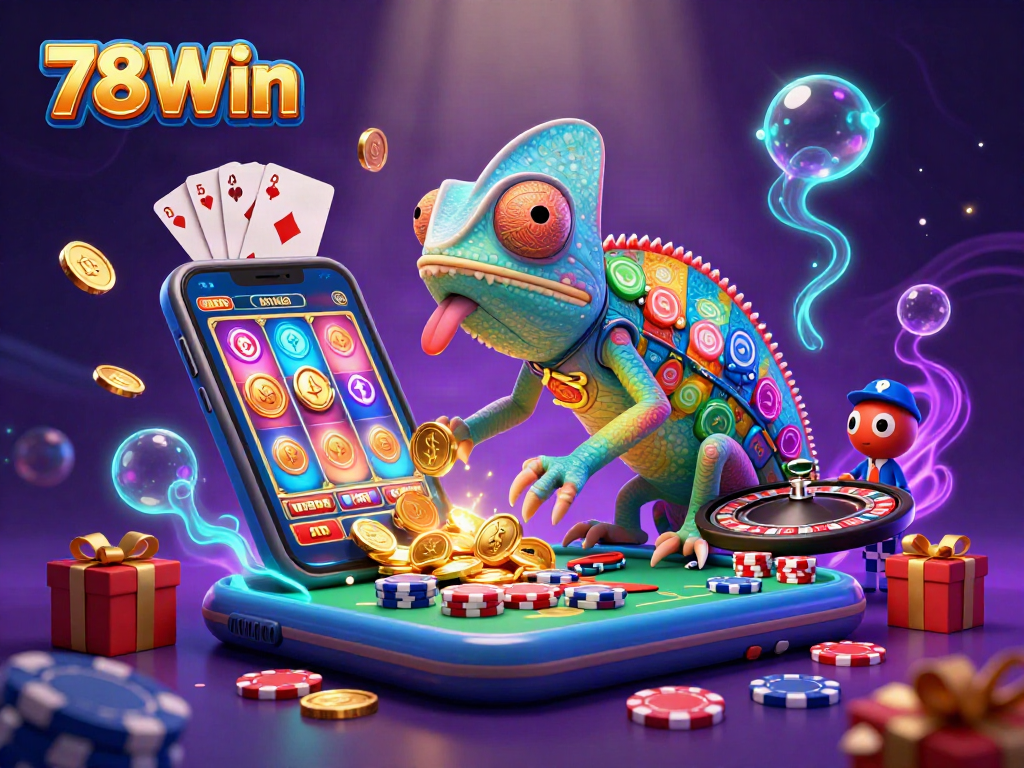 Engage with 78Win as the chameleon snaps up golden coins amidst a vibrant gaming scene.