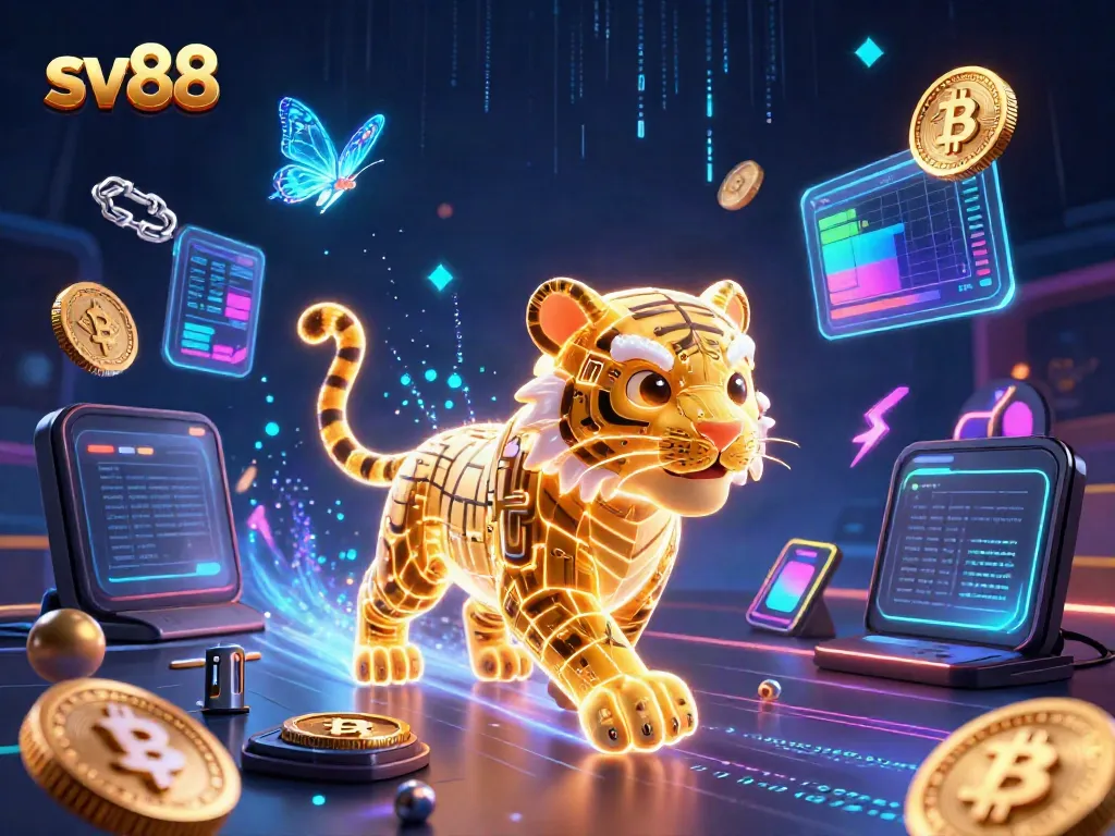 Engage in thrilling games at sv88 with dynamic graphics of a neon tiger in a digital casino.