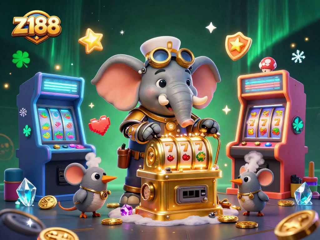 Spin the golden slot machine with z188 themed characters in a vibrant casino scene.