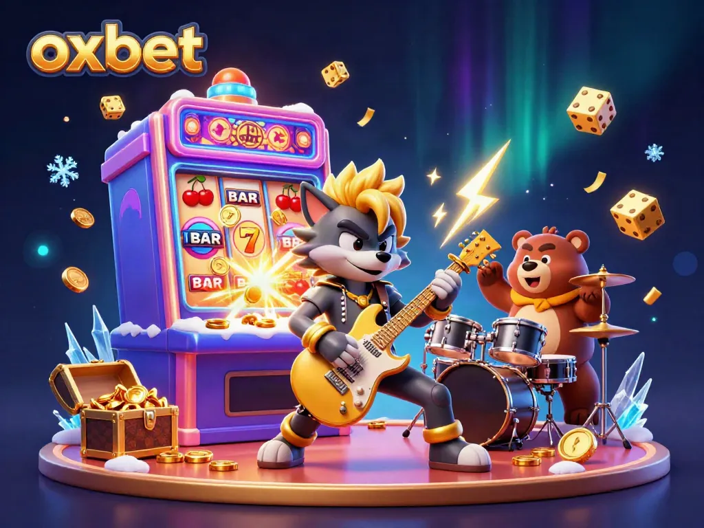 Experience excitement with oxbet: A rock star wolf and drummer bear in a dynamic casino scene bursting with action.