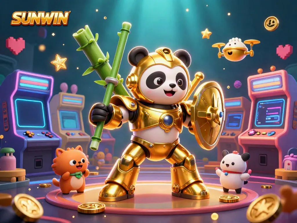 Experience the thrill of SUNWIN with a panda mech battling in a vibrant casino-themed arena.