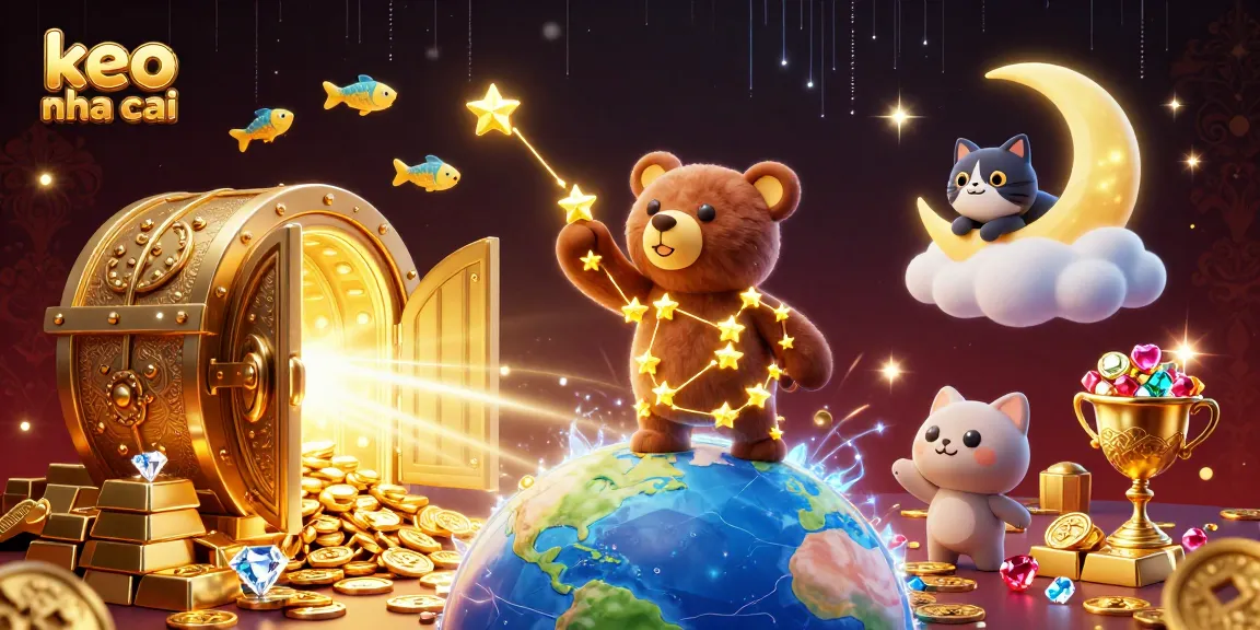 Engage in keo nha cai with a whimsical casino scene featuring a constellation bear and treasures.