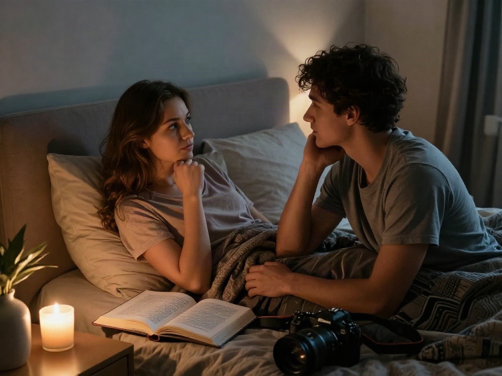 Couple discussing desires in intimate setting, exploring sex ai concepts.