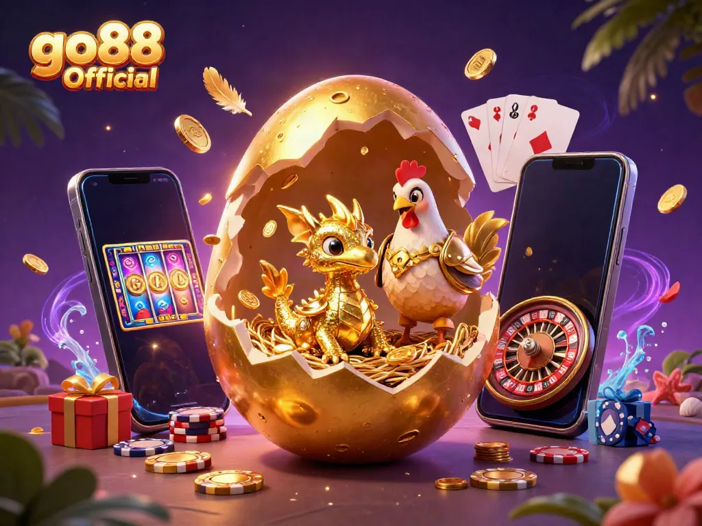 Experience the thrill of go88 Official with this vibrant 3D illustration featuring a golden dragon and casino elements.