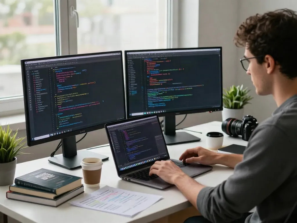 Developer coding in a vibrant workspace showcasing instant indexing tools on dual monitors.