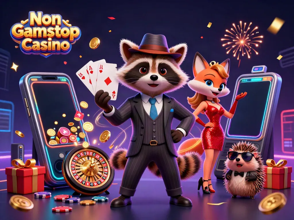 Experience the thrill of Non Gamstop Casino with a stylish raccoon, glamorous fox, and bouncer in a vibrant gaming scene.
