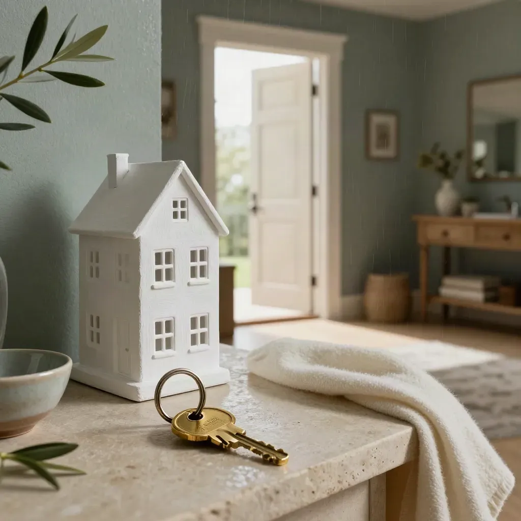 Brass key ring, plaster house model, wool throw and olive sprig in a sunlit hall.
