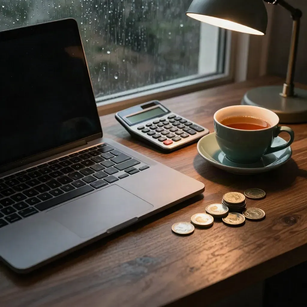 Closed laptop, calculator, coins and tea on a dark desk by a rain-streaked window.