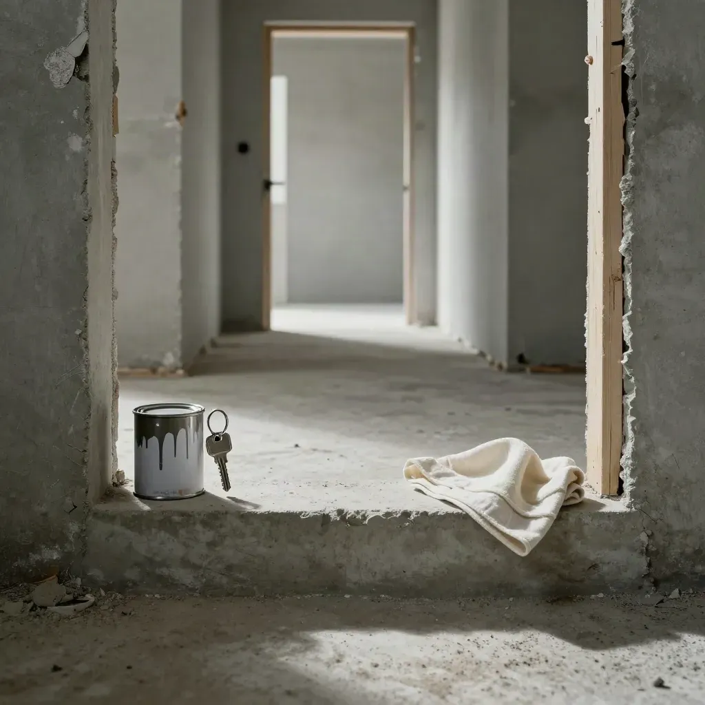 Unfinished hallway with keys, paint can and drop cloth on a concrete step in cold daylight.