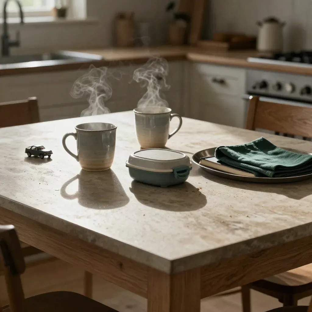 Quiet kitchen island with mugs, lunchbox, toy car and closed notebook in late-morning steam.