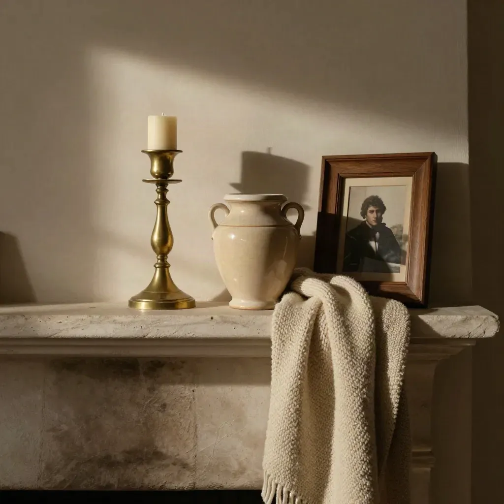 Brass candleholder, ceramic urn, folded knit blanket and turned photo frame on a warm mantel.