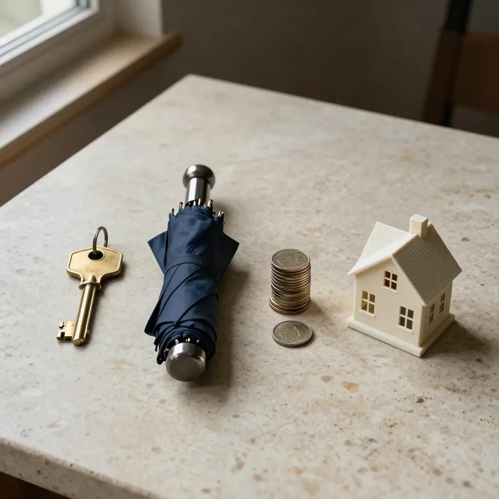 Overhead flat lay of a house key, navy umbrella, coins and a small house model on pale stone.