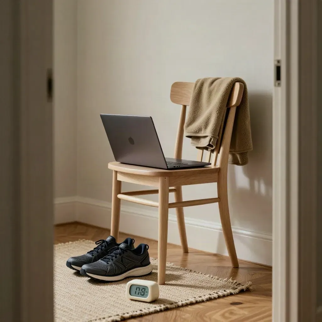 Closed laptop, trainers, fleece and kitchen timer in an empty home-office corner.