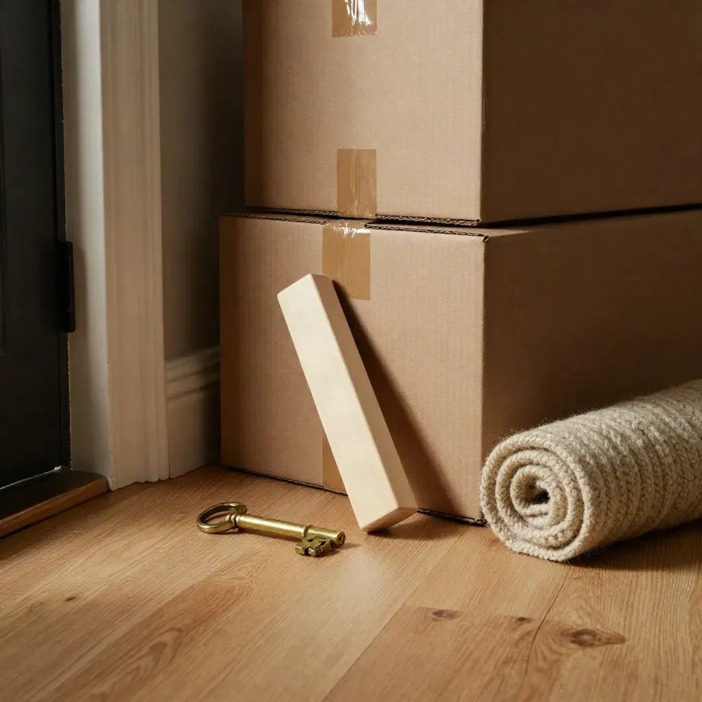 Brass key, toy block, wool throw and moving boxes by a hallway door.