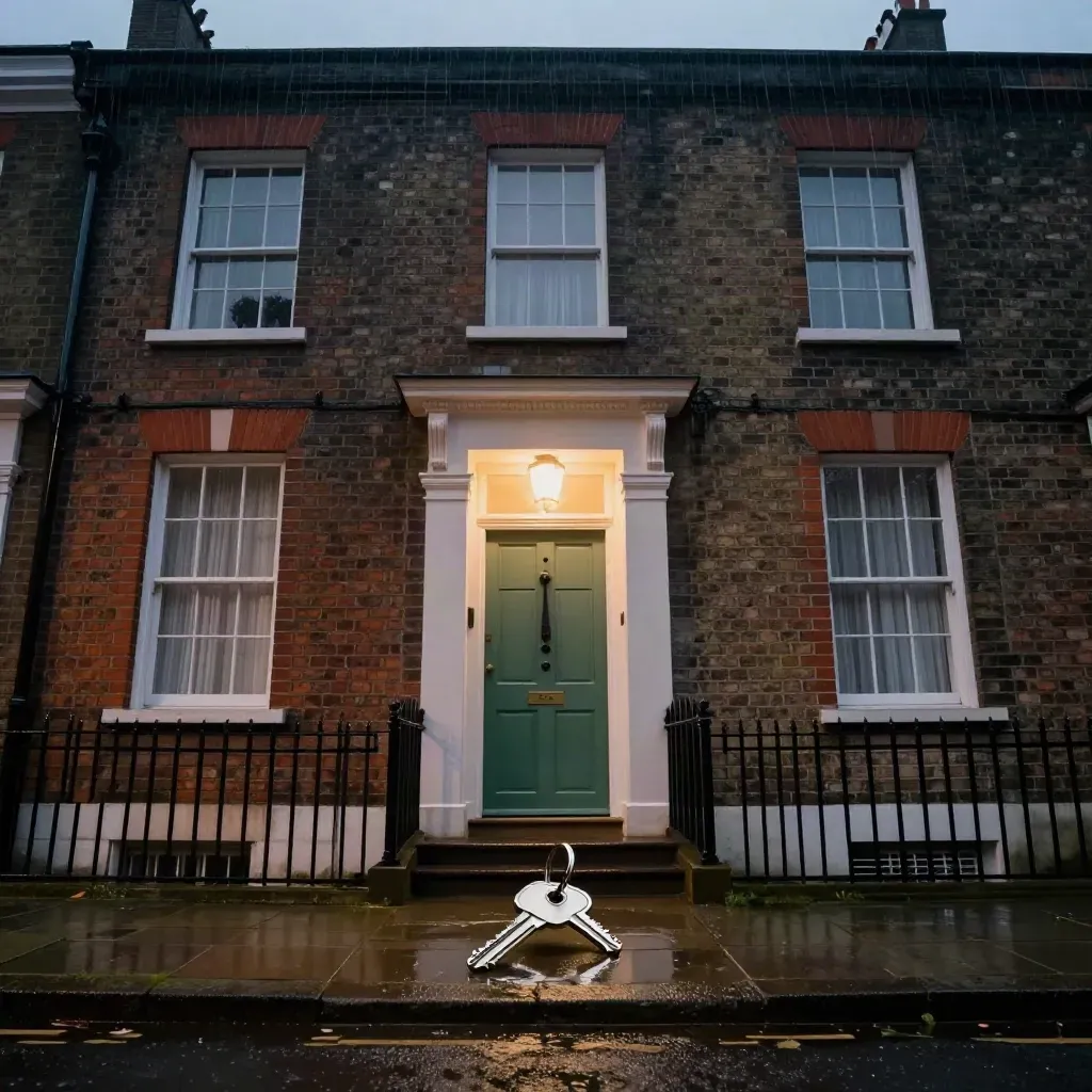 Rainy terraced house at dusk with a lit window and keys on the doorstep.