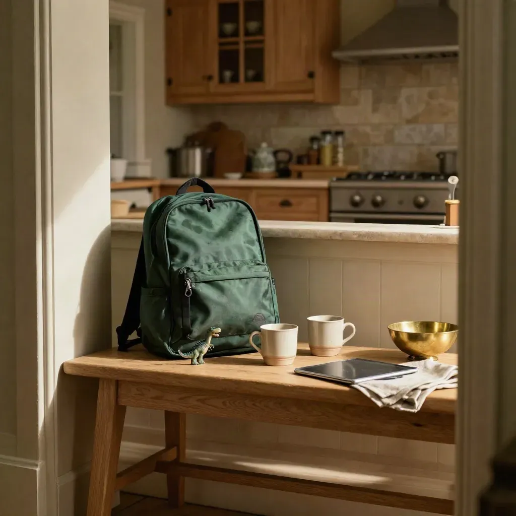 Sunlit kitchen bench with school bag, mugs, toy dinosaur and closed tablet.