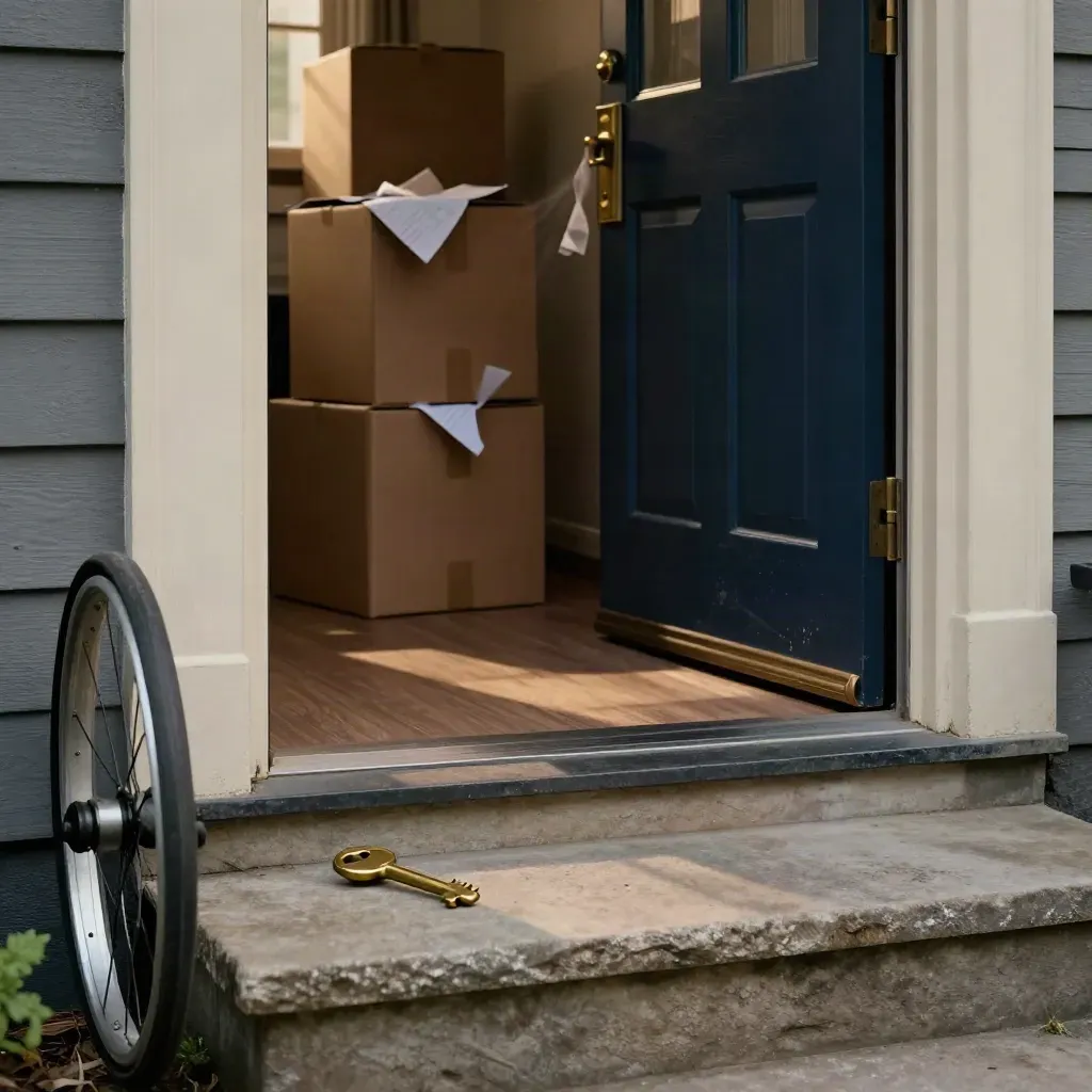 Open front door with key on porch step, moving boxes inside and pram wheel at the edge