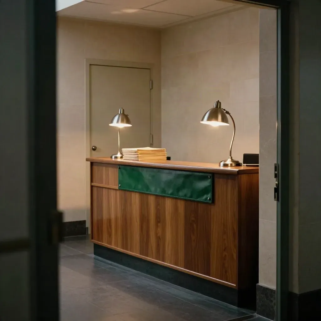 Empty small-firm reception with lamps, face-down folders and a lock-up door at evening close.