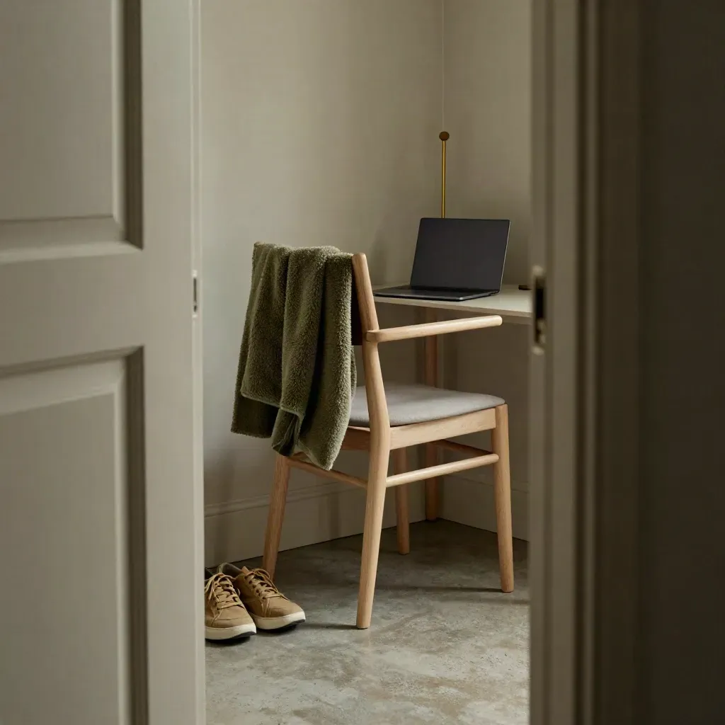 Empty home-office chair with fleece, closed laptop and sneakers in soft overcast light.