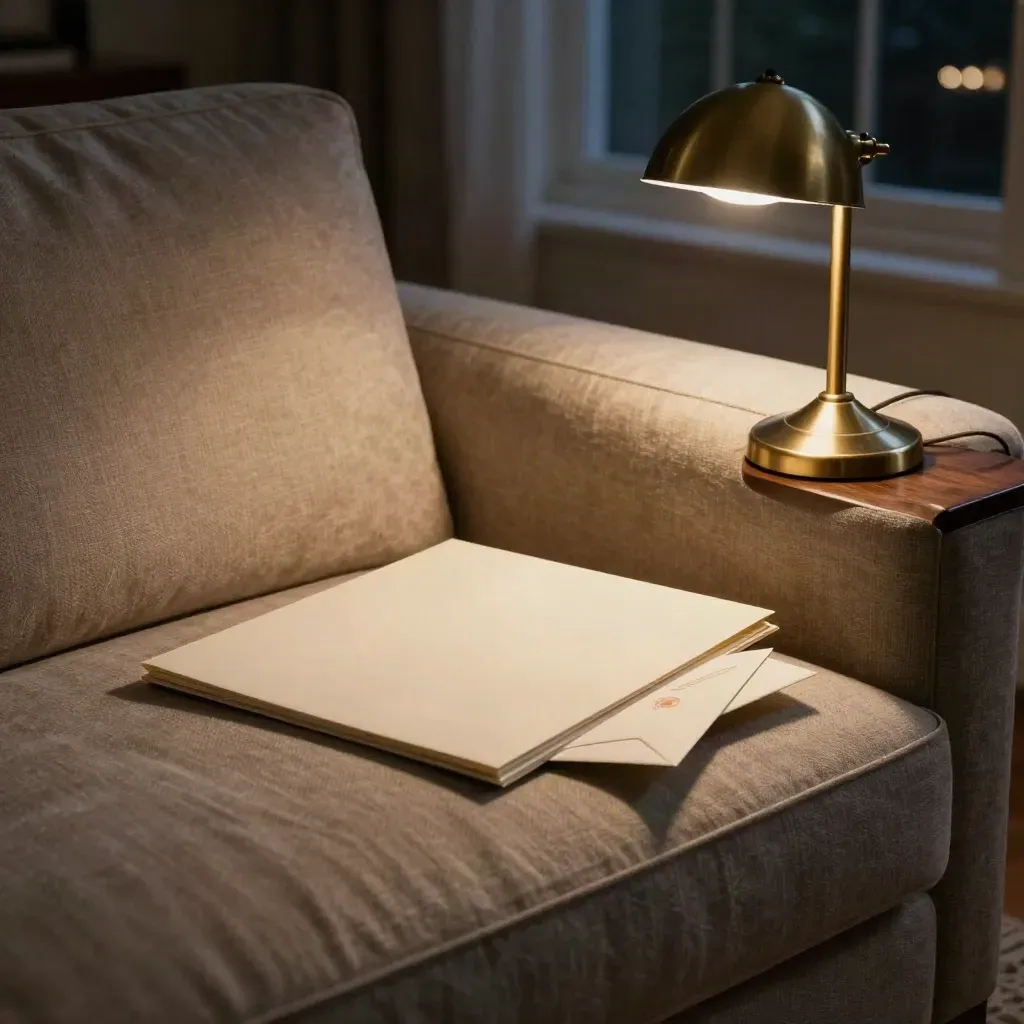 Sofa corner with a sealed policy folder, bill envelope and reading lamp by a night window.