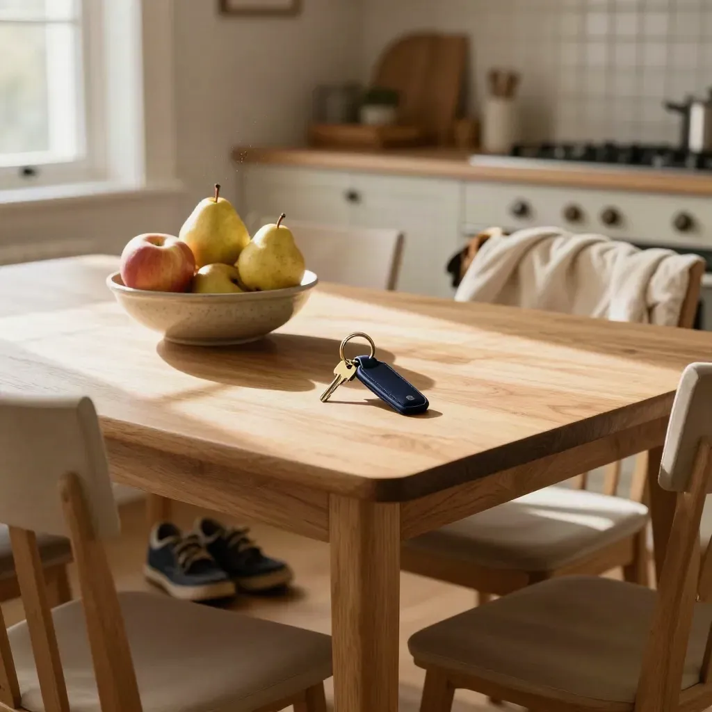 Dining table with keys, school shoes, fruit bowl and dog bed in a calm family kitchen.
