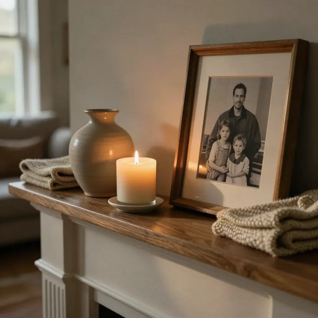 Mantel with candle, ceramic vase, folded throw, and a frame turned blank-side out in warm dusk light