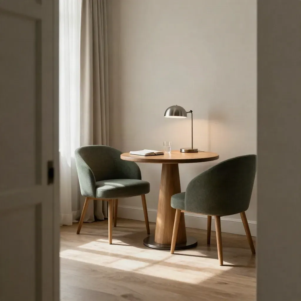 Empty consultation nook ready for an adviser call, lit by fresh morning light