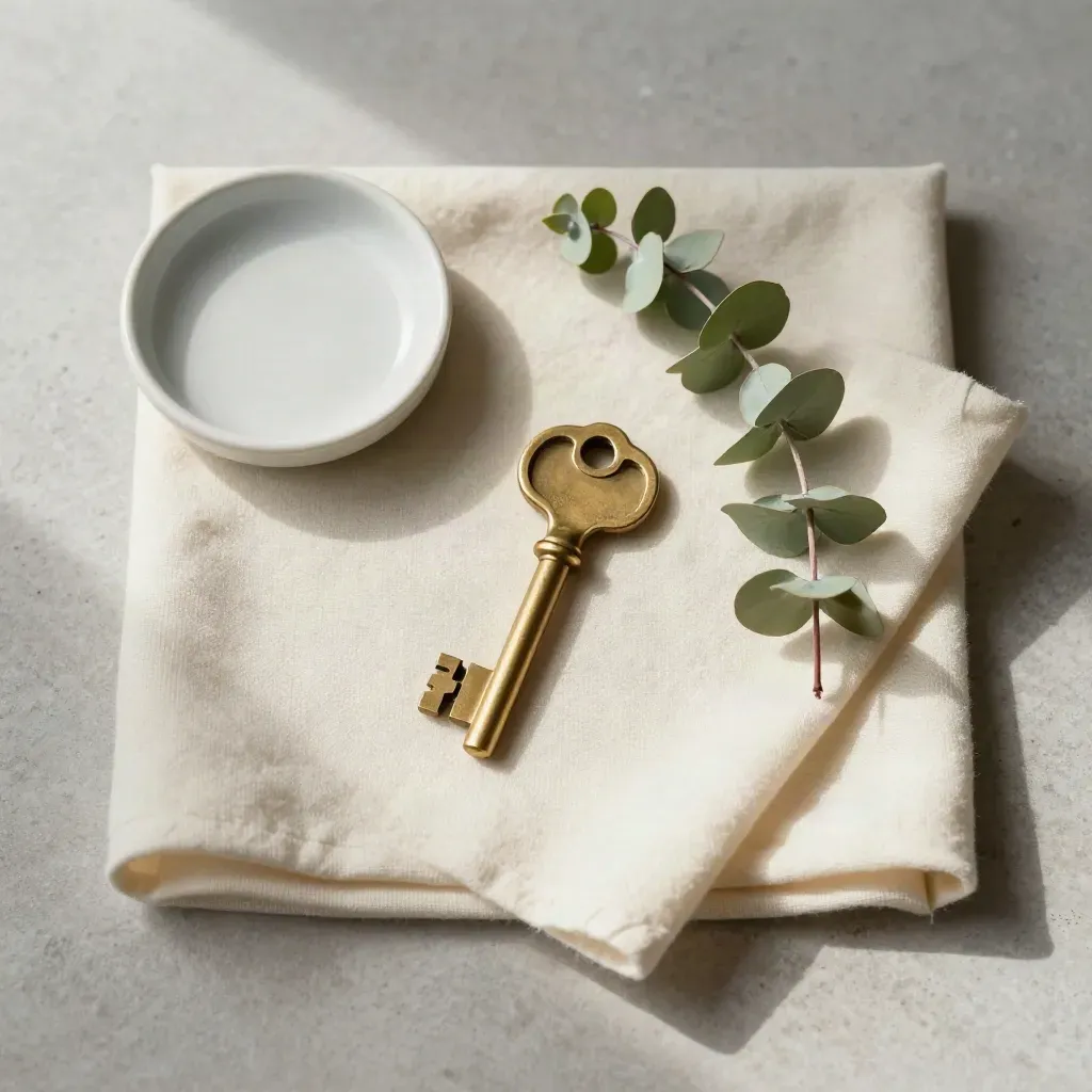 Brass house key on ivory wool cloth with ceramic dish and eucalyptus sprig, overhead on stone.