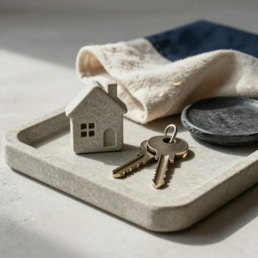 Stone house token with keys and slate dish on a linen-draped tray