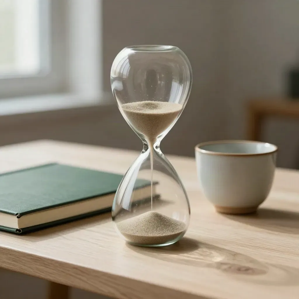 Hourglass with notebook and ceramic cup on a pale wood desk, softly lit from the side.