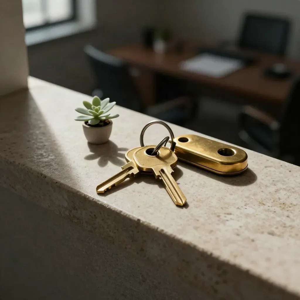 Brass office keys, a door fob and small plant on a stone ledge in quiet evening light.