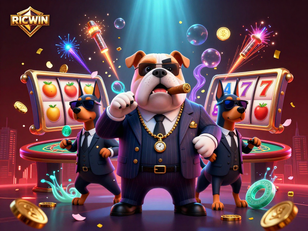 Engage with RICWIN in a vibrant 3D casino scene packed with slot reels and gold coins.