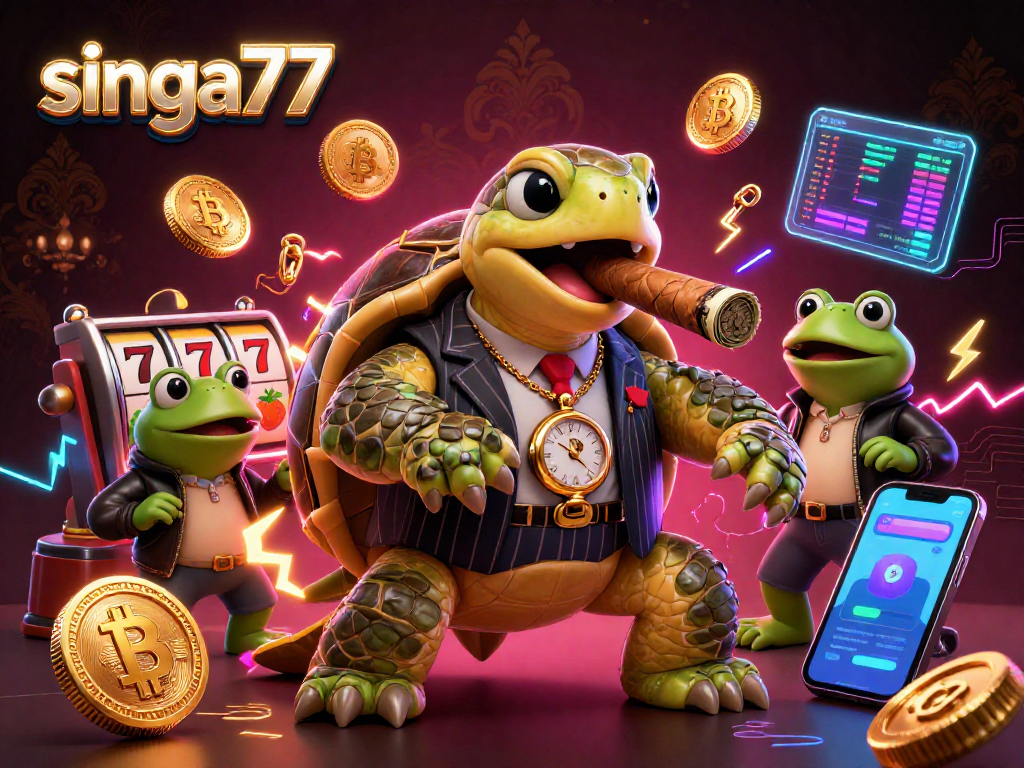 Singa77 captures the thrilling casino experience with a turtle in a mobster suit surrounded by slot reels and crypto elements.