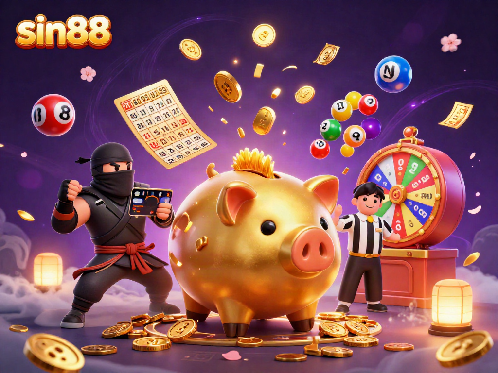 Experience the excitement of sin88 with a golden piggy bank sumo wrestler and dynamic lottery elements.