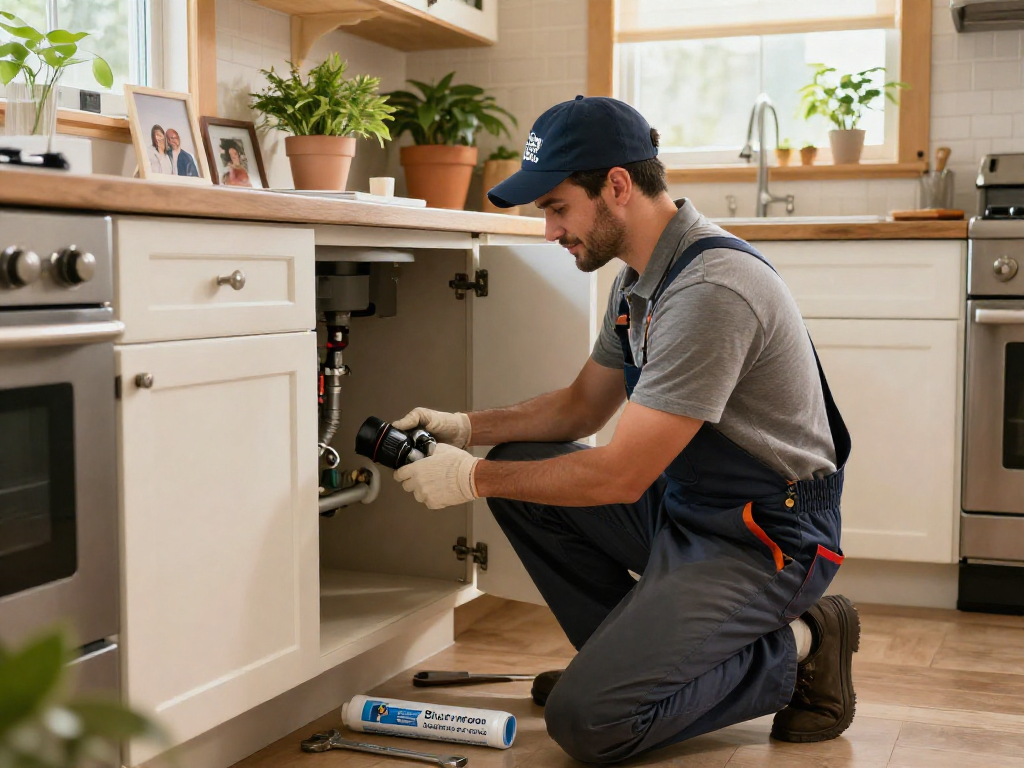 Blue Moon Plumbing and Rooter technician inspecting plumbing in a cozy kitchen.