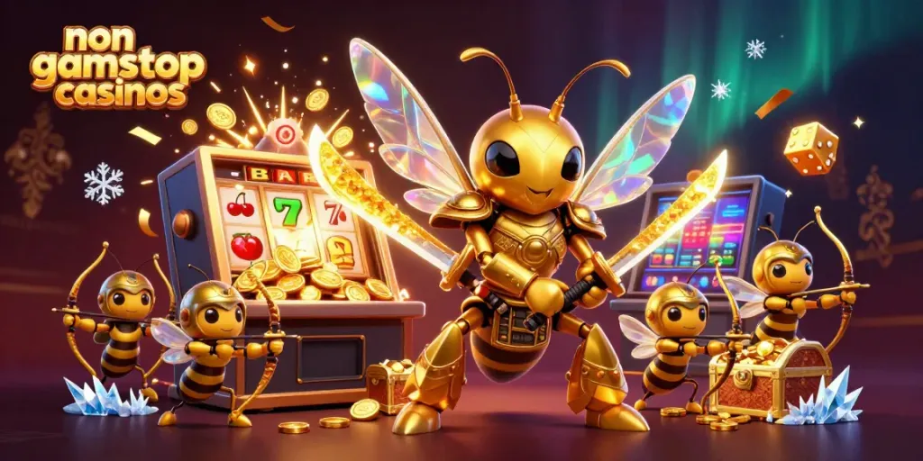 Engaging scene showcasing non gamstop casinos with a giant hornet in samurai armor alongside bee archers, surrounded by vibrant casino elements.
