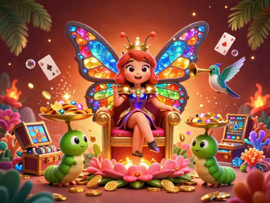 Experience the excitement at Ledak388 with a vibrant cartoon scene featuring a butterfly queen among glittering casino elements.