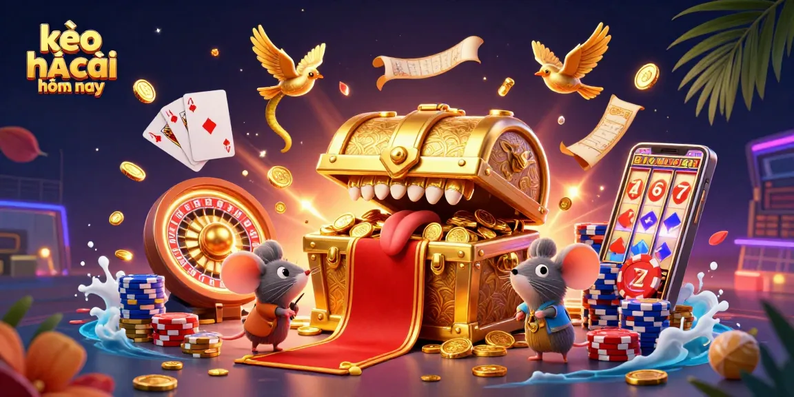 Engage with kèo nhà cái hôm nay in this vibrant casino-themed illustration of adventure and riches.