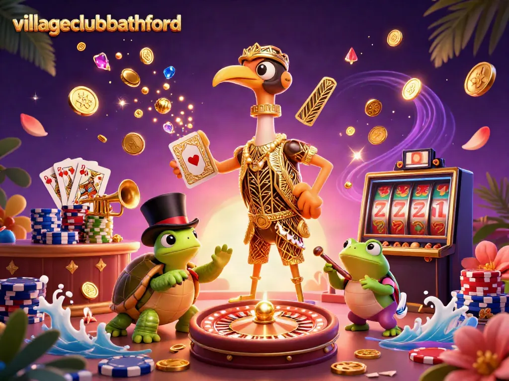 Experience the thrill at villageclubbathford with a vibrant casino-themed illustration featuring dynamic characters and elements.