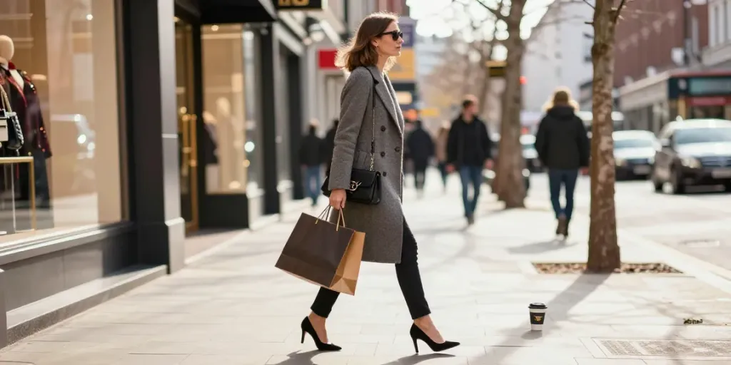 Stylish individual enjoying luxury shopping in a vibrant city, featured in a luxury lifestyle digital magazine.