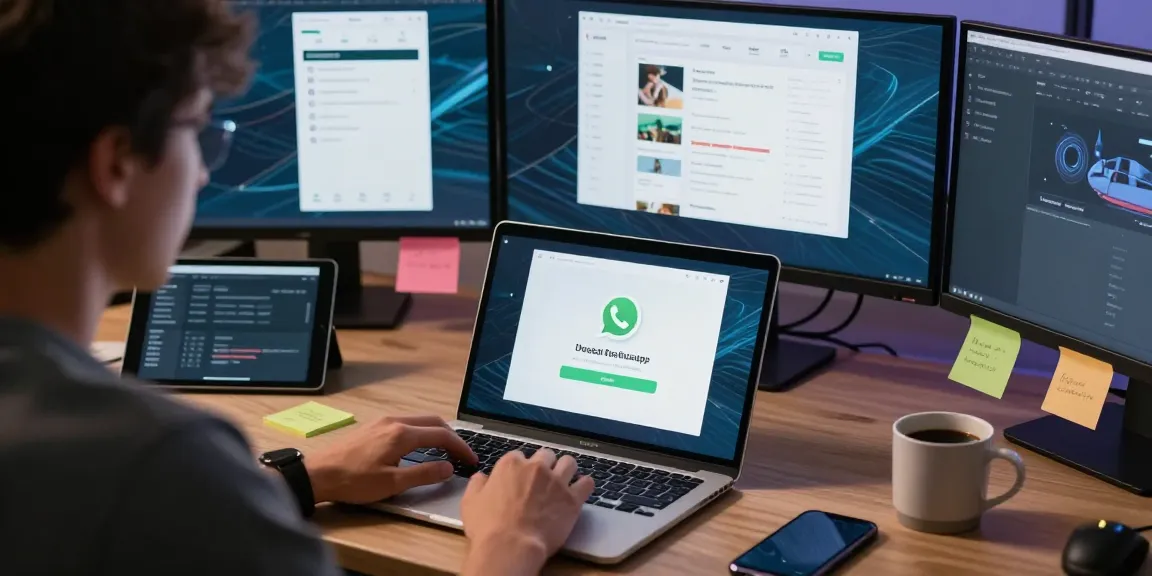WhatsApp下載 application installation in a modern tech workspace with laptops and gadgets.