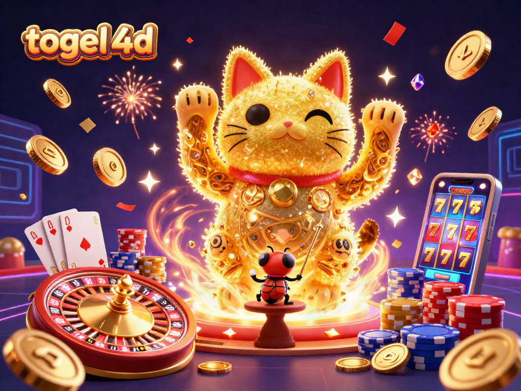 Experience the excitement of togel 4d with a vibrant 3D casino scene packed with game symbols and effects.
