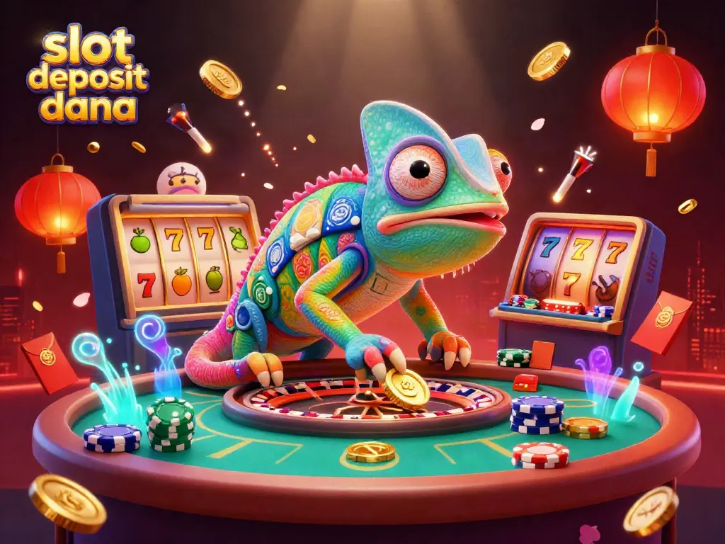 Experience exciting slot deposit dana gameplay with vibrant casino elements, golden coins, and dynamic scenes.