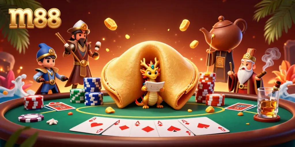 Engage in exciting m88 casino action surrounded by colorful poker chips, cards, and dynamic characters.