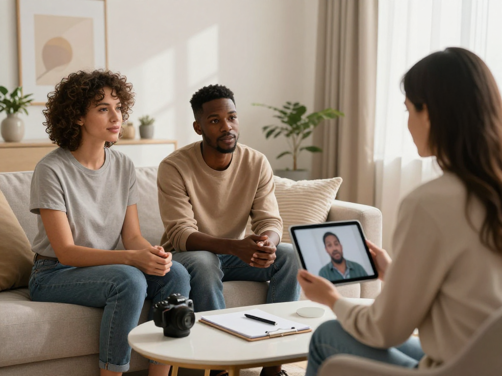 Couple discussing sex AI with virtual therapist in a cozy office setting.