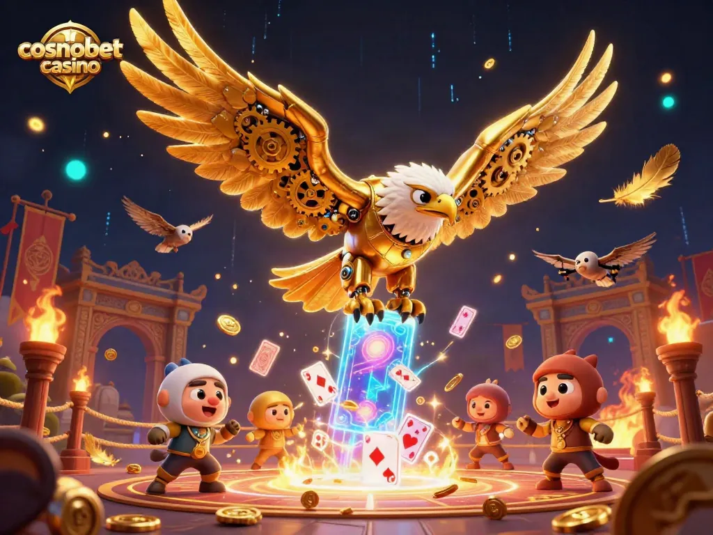Experience excitement at Cosmobet Casino with a 3D eagle diving through holographic cards and gold coins.